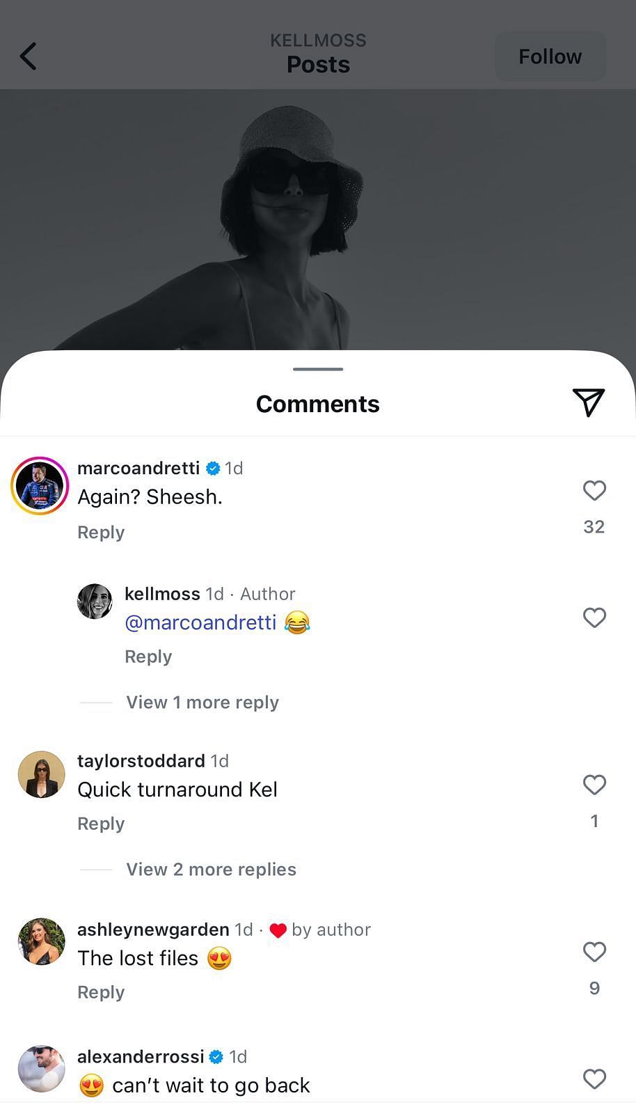 Screenshot of Marco Andretti's comment on Kelly Rossi's Instagram Post